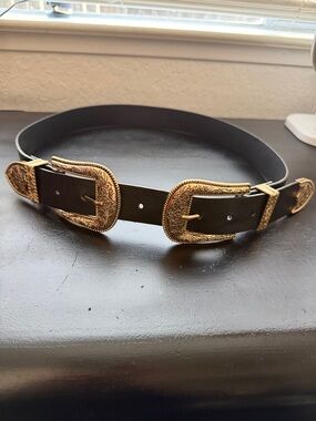 Black  vinyl Double-Buckle Western Belt with Gold-Tone Hardware